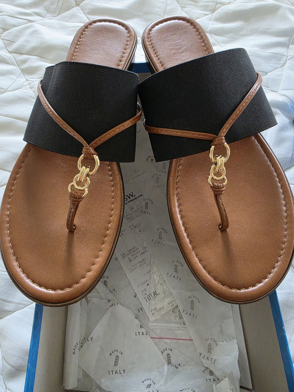 Italian Shoemakers Black and Brown Thong Sandals with Gold Rings 9.5
